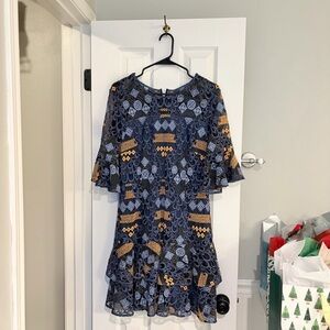 Prose & Poetry Blue Gold Lace Tiered Dress Art Deco Large